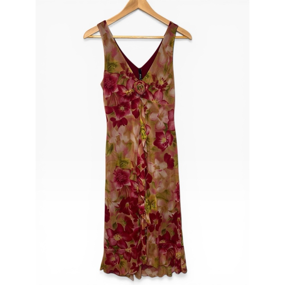 Y2K Mesh Midi Dress Tropical Flower Ruffle Pink Green Rosette Flounce Hem Medium